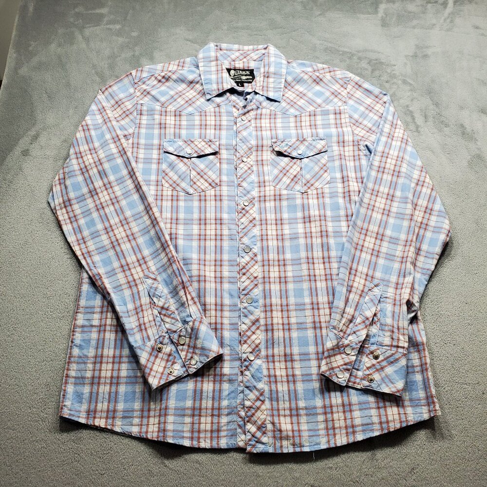 Outback Trading Company Pearl Snap Plaid Shirt 2 Pockets Brown Blue Men Sz L